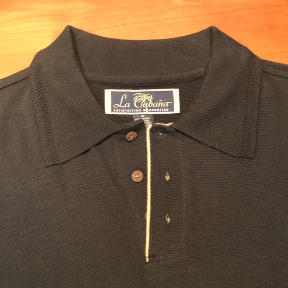 NWOT La Cabaña short sleeve polo shirt, medium, black/gold trim, fancy buttons - Picture 2 of 5